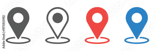Set of location pin icons vector illustration featuring map markers, GPS pointers, navigation symbols, geo location points, flat minimal design isolated