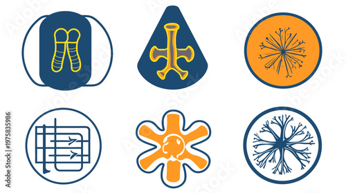 Six stylized graphic designs with a limited color palette. Blue, orange, and yellow are predominant