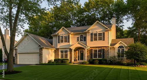 Beautiful suburban house with a large green lawn and mature trees during a sunny late afternoon golden hour