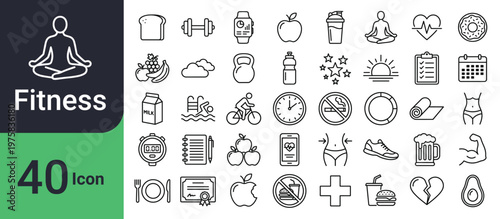 A collection of forty line art icons representing various aspects of fitness health wellness and a balanced lifestyle high-quality professional detailed modern elegant stylish clean