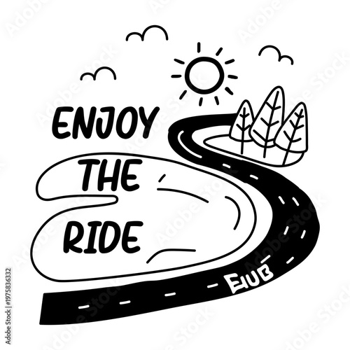 A glyph sticker of enjoy ride with mountains, trees, and road scenery

