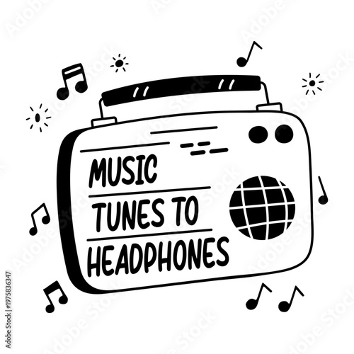 Vintage radio with the text "music tunes to headphones", glyph sticker 


