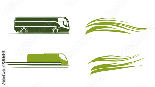 Collection of stylized illustrations of a bus, a train, and abstract, organic shapes