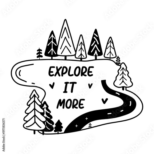 A glyph sticker of a forest scene with explore more typography 

