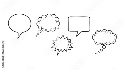 Communication Bubble Collection: A minimalist arrangement of various speech bubbles. Ideal for conveying thoughts, ideas, or dialogues.