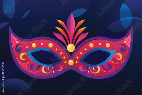 A vibrant ornate venetian mask against a dark blue backdrop