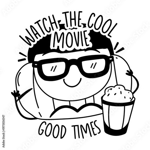 A glyph sticker of a character wearing glasses with movie time typography 

