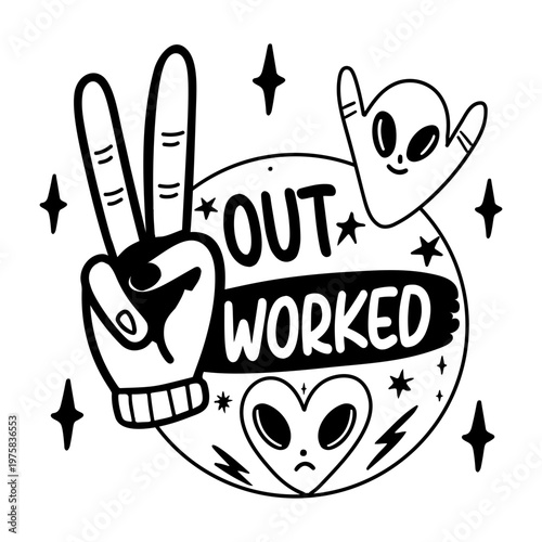 A glyph sticker of hand doing victory sign with “out worked” typography 

