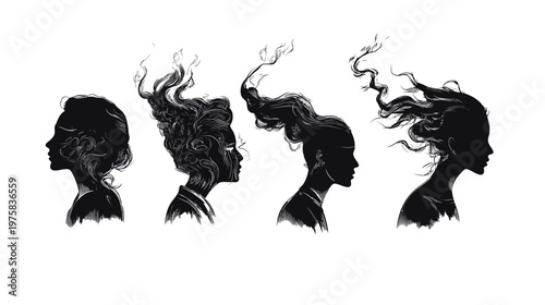 Silhouette series showcasing four stylized female profiles, with flowing hair against a white backdrop