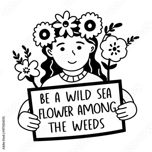 A glyph sticker of a woman holding a board with a positive message written on it 

