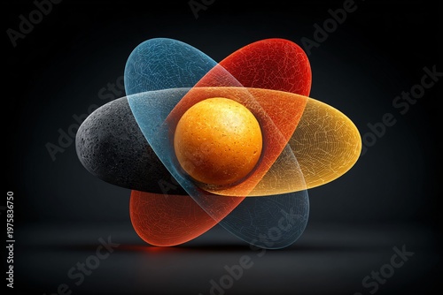 A captivating abstract 3D render showcasing a colorful stylized atom with textured orbitals on a dark background.