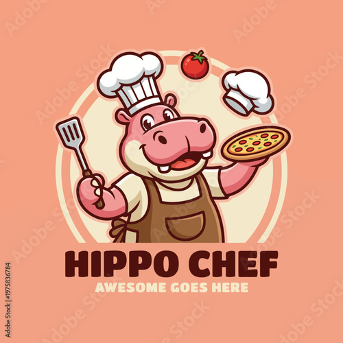 This playful hippo chef character, holding a pizza and cooking utensils, captures the joy of cooking and the delightful essence of culinary creativity in a whimsical style.