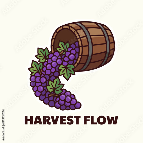 This artistic representation showcases a barrel pouring grapes, embracing the essence of harvest and winemaking, ideal for vineyards, restaurants, or wine industry branding.