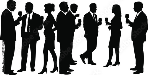 Silhouette of men and women in formal business attire mingling and holding wine glasses at a networking event or reception