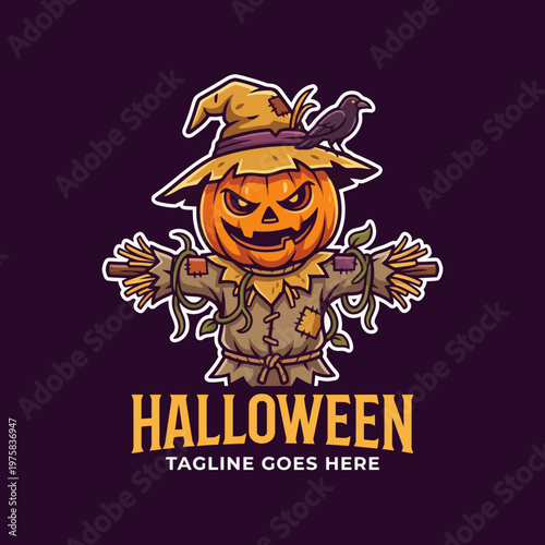 An eerie scarecrow holding a grinning pumpkin, complemented by a crow on its hat, embodies the essence of Halloween, making this image perfect for seasonal events and promotion.