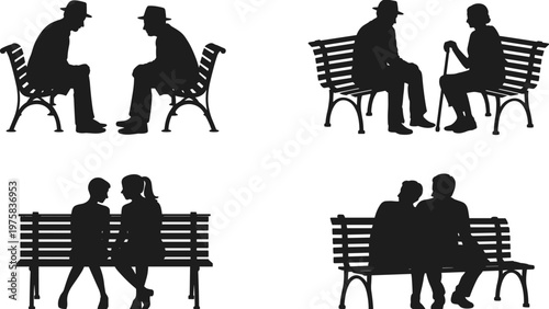 Silhouettes of couples and individuals of different ages sitting on park benches in various poses and interactions