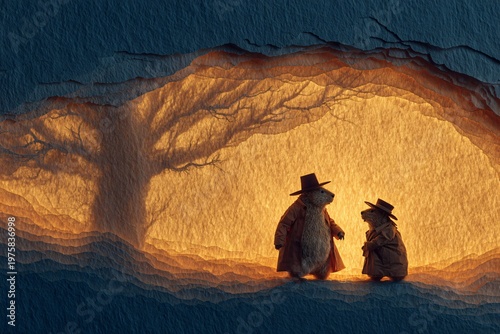 Two anthropomorphic bears in coats and hats, silhouetted by warm golden light within a mysterious layered paper-cut cave.