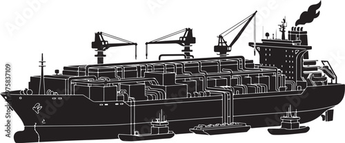 Industrial cargo ship, tanker vessel, black silhouette, vector illustration, maritime transport
