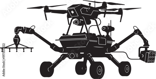 Industrial drone, robotic arms, mechanical vector illustration, black silhouette
