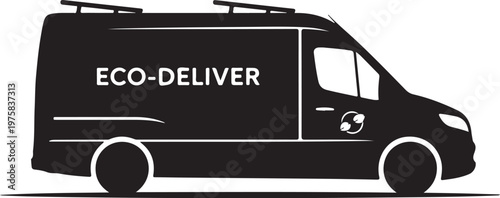 Eco friendly delivery van, sustainable transport, black vector illustration, eco deliver