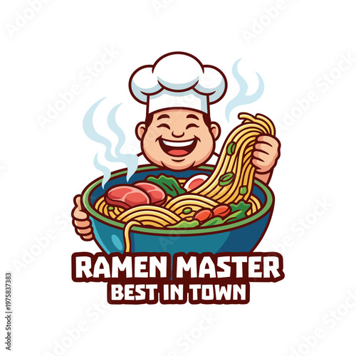 A joyful chef holding a large ramen bowl, radiating happiness and culinary mastery, represents quality dining and gourmet experiences, perfect for a restaurant brand.
