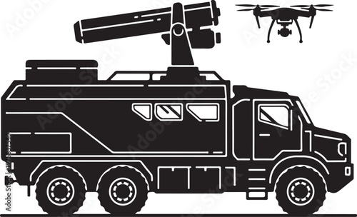 Military truck with missile launcher and drone, black silhouette, vector graphics, military vehicle, combat equipment