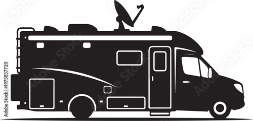 Motorhome, RV, camper van silhouette, black vector icon, travel trailer