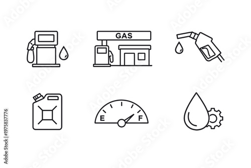Gas and fuel line icon set in minimalist outline vector style