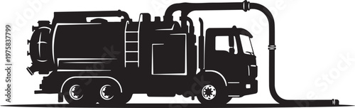 Black vacuum truck, industrial vehicle, suction truck, heavy equipment