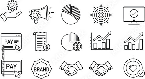 Business analytics and payment icons set, financial growth charts, branding partnership, target marketing, digital payment, strategy success icons