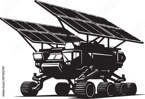 Black solar powered rover, lunar vehicle, spacecraft illustration, astronomy technology