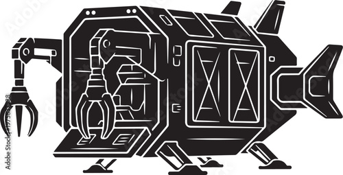 Robotic Fish Vector, Black and White Illustration, Futuristic Cyborg, Mechanical Animal Design