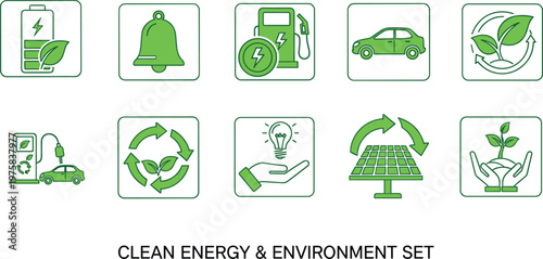 Clean energy environment icon set, renewable energy symbols, eco friendly technology, sustainability concept, green energy vector illustration collection