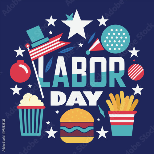 A festive labor day wreath with patriotic symbols and food items