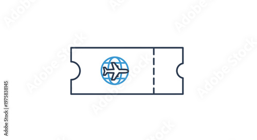 Airline ticket icon with airplane and globe symbol isolated on white background
