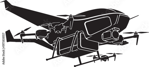 Black helicopter drone, aerial vehicle, aircraft illustration, vector graphics