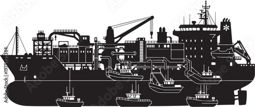 Industrial cargo ship, tanker vessel, black silhouette illustration, maritime transportation, cargo boat