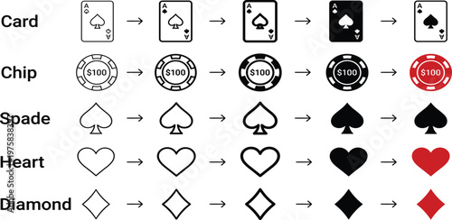 Set of four poker card suits and casino chips icons with arrows showing progression and variations in color