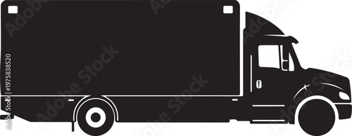 Black truck silhouette, delivery vehicle icon, cargo truck outline, transportation symbol