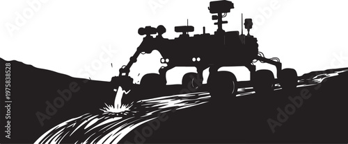 Mars Rover, Space Exploration, Black Silhouette, Vector Illustration