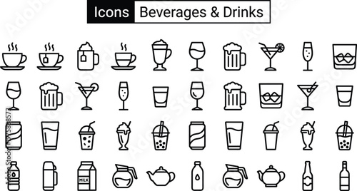 Aesthetic Line Art Collection of Everyday Beverages and Festive Drinks Icons, Encompassing a Broad Spectrum of Refreshments for Digital Design Projects
