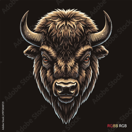 Majestic bison head illustration with detailed fur, horns, and intense gaze.