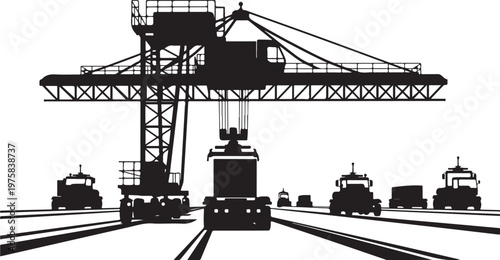 Industrial crane, cargo train, railroad, silhouette, black and white, vector graphics