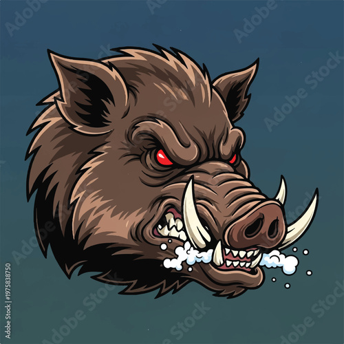 Aggressive cartoon boar head illustration with prominent tusks and red eyes.