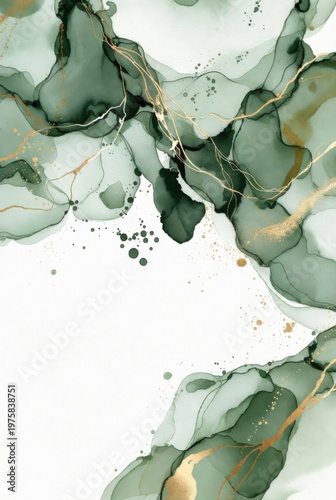 Abstract watercolor paint illustration - Soft pastel green color and golden lines, with liquid fluid marbled paper texture banner texture, isolated on white background