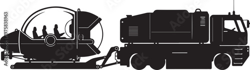 Black helicopter, silhouette, being towed by truck, vector illustration, aircraft rescue