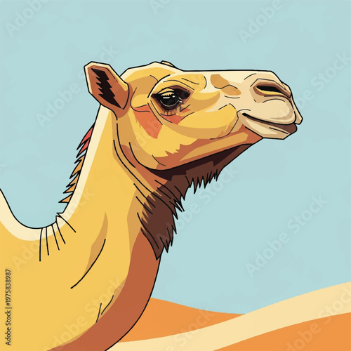 Colorful Dromedary Camel Illustration Spanning Desert Horizon in Cartoon Style.