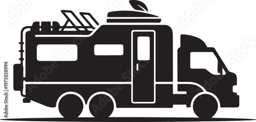 Campervan, motorhome, RV, travel trailer, black silhouette, vector icon