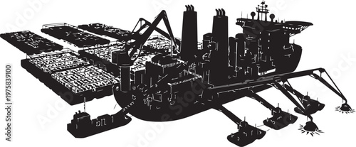 Industrial Farming Equipment, Agricultural Machinery, Tractor, Farming Tools, Black Vector Illustration