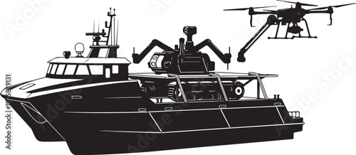 Black boat, drone vector illustration, nautical icons, robotic vessel graphics